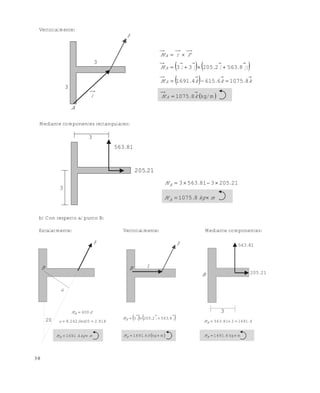 3 0
Vectorialmente:
Mediante componentes rectangulares:
b) Con respecto al punto B:
Escalarmente: Vectorialmente: Mediante componentes:
3
3
A
r
F
FrMA 
   )j.i.jiMA 8563220533 
  k.k.k.MA 81075661541691 
 kg/m81075 k.MA 
3
3
81563.
21205.
212053815633 ..MA 
mkg.MA  81075
FF
B
d
20
dMB 600
8182202428 .Sen.d 
mkg.MB  41691
B 21205.
81563.
B r
3
   j563.8i205.2i3 BM
 mkg41691  k.MB
41691381563 ..MB 
mkg41691  .MB
Este documento se cre€ con la versi€n gratuita de EVALUACI•N de eXpert PDF. Esta marca de agua se eliminar‚ al
comprar la licencia de la versi€n completa de eXpert PDF. Visite www.avanquest.es para obtener m‚s informaci€n
 