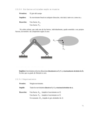 7 1
2.2.2.4 Dos barras articuladas según se muestra
Permiten: El giro del cuerpo
Impiden: Su movimiento lineal en cualquier dirección, vale decir, tanto en x como en y.
Reacción: Una fuerza AxR
Una fuerza AyR
No sobra aclarar, que cada una de las barras, individualmente, queda sometida a sus propias
fuerzas, de tensión o de compresión según el caso.
2 . 2 . 3 A p o y o s d e t e r c e r g é n e r o
Impidenelmovimiento enlas tres direcciones(linealmente en X yY, yrotacionalmente alrededordeZ).
Se dice que su grado de libertad es cero.
2.2.3.1 Empotramiento
Permite: Ningún movimiento.
Impide: Todoslos movimientos (lineal en X y Y, y rotacional alrededor de z).
Reacción: Una fuerza AxR (impide el movimiento en X)
Una fuerza AyR (impide el movimiento en Y)
Un momento AM (impide el giro alrededor de A)
AyR
AxR
A
Este documento se cre€ con la versi€n gratuita de EVALUACI•N de eXpert PDF. Esta marca de agua se eliminar‚ al
comprar la licencia de la versi€n completa de eXpert PDF. Visite www.avanquest.es para obtener m‚s informaci€n
 