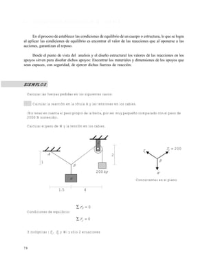 7 8
2 . 4 C Á L C U L O D E L A S R E A C C I O N E S E N L O S A P O Y O S
En el proceso de establecer las condiciones de equilibrio de un cuerpo o estructura, lo que se logra
al aplicar las condiciones de equilibrio es encontrar el valor de las reacciones que al oponerse a las
acciones, garantizan el reposo.
Desde el punto de vista del analisis y el diseño estructural los valores de las reacciones en los
apoyos sirven para diseñar dichos apoyos: Encontrar los materiales y dimensiones de los apoyos que
sean capaces, con seguridad, de ejercer dichas fuerzas de reacción.
EJEMPLOS
Calcular las fuerzas pedidas en los siguientes casos:
1 . Calcular la reacción en la rótula A y las tensiones en los cables.
(No tener en cuenta el peso propio de la barra, por ser muy pequeño comparado con el peso de
2000 N sostenido).
Calcular el peso de W y la tensión en los cables.
Condiciones de equilibrio:
0
0


y
X
F
F
3 incógnitas ( 1T , 2T y W) y sólo 2 ecuaciones
A
1
B
W
kg200
2
C
51. 4
1T
2002 T
B
W
Concurrentes en el plano
Este documento se cre€ con la versi€n gratuita de EVALUACI•N de eXpert PDF. Esta marca de agua se eliminar‚ al
comprar la licencia de la versi€n completa de eXpert PDF. Visite www.avanquest.es para obtener m‚s informaci€n
 