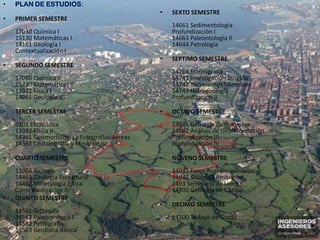• PLAN DE ESTUDIOS:
• PRIMER SEMESTRE
17030 Química I
15130 Matemáticas I
14161 Geología I
Contextualización I
• SEGUNDO SEMESTRE
17080 Química II
15230 Matemáticas II
13021 Física I
14261 Geología II
• TERCER SEMESTRE
6101 Estadística
13022 Física II
14361 Geomorfología y Fotografías Aéreas
14362 Cristalografía y Mineralogía
• CUARTO SEMESTRE
11004 Biología
14461 Geología Estructural
14462 Mineralogía îptica
Contextualización II
• QUINTO SEMESTRE
14561 Tectónica
14562 Paleontología I
14582 Petrografía
14563 Geofísica Básica
• SEXTO SEMESTRE
14661 Sedimentología
Profundización I
14663 Paleontología II
14644 Petrología
• SEPTIMO SEMESTRE
14761 Estratigrafía
14741 Investigación Dirigida
14742 Yacimientos Minerales
14743 Hidrogeología
Profundización II
• OCTAVO SEMESTRE
14861 Geología de Colombia
14842 Análisis de Geoinformación
Profundización III
Profundización IV
• NOVENO SEMESTRE
14941 Foros Interdisciplinarios
14942 Geología Ambiental
1493 Seminario de Línea
14900 Geología de Campo
• DECIMO SEMESTRE
14100 Trabajo de Grado
 