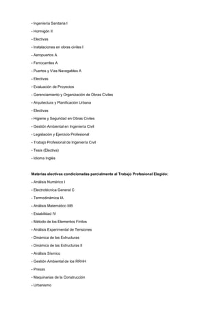 - Ingeniería Sanitaria I
- Hormigón II
- Electivas
- Instalaciones en obras civiles l
- Aeropuertos A
- Ferrocarriles A
- Puertos y Vías Navegables A
- Electivas
- Evaluación de Proyectos
- Gerenciamiento y Organización de Obras Civiles
- Arquitectura y Planificación Urbana
- Electivas
- Higiene y Seguridad en Obras Civiles
- Gestión Ambiental en Ingeniería Civil
- Legislación y Ejercicio Profesional
- Trabajo Profesional de Ingeniería Civil
- Tesis (Electiva)
- Idioma Inglés
Materias electivas condicionadas parcialmente al Trabajo Profesional Elegido:
- Análisis Numérico I
- Electrotécnica General C
- Termodinámica IA
- Análisis Matemático IIIB
- Estabilidad IV
- Método de los Elementos Finitos
- Análisis Experimental de Tensiones
- Dinámica de las Estructuras
- Dinámica de las Estructuras II
- Análisis Sísmico
- Gestión Ambiental de los RRHH
- Presas
- Maquinarias de la Construcción
- Urbanismo
 