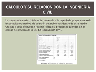 CALCULO Y SU RELACIÓN CON LA INGENIERIA
                 CIVIL
La matemática esta totalmente enlazada a la ingeniería ya que es uno de
los principales medios de solución de problemas dentro de este medio.
Gracias a esta se pueden realizar cálculos precisos requeridos en el
campo de practica de la DE LA INGENIERIA CIVIL.
 