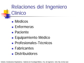 Relaciones del Ingeniero
                 Clínico
                       Médicos
                       Enfermeras
                       Paciente
                       Equipamiento Médico
                       Profesionales-Técnicos
                       Fabricantes
                       Distribuidores

Cátedra: Instalaciones Hospitalarias – Gabinete de Tecnología Médica – Fac. de Ingeniería – Univ. Nac. de San Juan
 