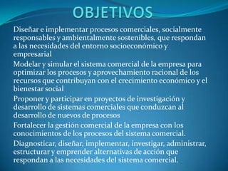 Diseñar e implementar procesos comerciales, socialmente
responsables y ambientalmente sostenibles, que respondan
a las necesidades del entorno socioeconómico y
empresarial
Modelar y simular el sistema comercial de la empresa para
optimizar los procesos y aprovechamiento racional de los
recursos que contribuyan con el crecimiento económico y el
bienestar social
Proponer y participar en proyectos de investigación y
desarrollo de sistemas comerciales que conduzcan al
desarrollo de nuevos de procesos
Fortalecer la gestión comercial de la empresa con los
conocimientos de los procesos del sistema comercial.
Diagnosticar, diseñar, implementar, investigar, administrar,
estructurar y emprender alternativas de acción que
respondan a las necesidades del sistema comercial.
 