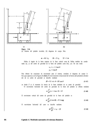 (4
Figura 3-16
(b)
(a) Sistema del péndulo invertido; (b) diagrama de cuerpo libre.
m = 0.1 kg, M = 2 kg, 2l=lm
Defina el ángulo de la barra respecto de la línea vertical como 0. Defina también las coorde-
nadas (x, y) del centro de gravedad de la barra del péndulo como (Xo, yo). De este modo
xG=x +lsenO
y~=lcose
Para obtener las ecuaciones de movimiento para el sistema, considere el diagrama de cuerpo li-
bre que aparece en la figura 3-16(b). El movimiento rotacional de la barra del péndulo alrede-
dor de su centro de gravedad se describe mediante
IB’= VI sen t3-HI cose (3-47)
en donde I es el momento de inercia de la barra alrededor de su centro de gravedad.
El movimiento horizontal del centro de gravedad de la barra del péndulo se obtiene mediante
d2
mz(x+lsen t3)=H (3-48)
El movimiento vertical del centro de gravedad de la barra del péndulo es
d2
mz(l cos 0) = V - mg (3-49)
El movimiento horizontal del carro se describe mediante
MdZy =*-H
dt2
(3-50)
Capítulo 3 / Modelado matemático de sistemas dinámicos
 