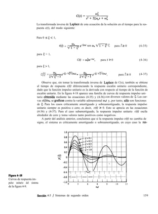 La transformada inversa de Laplace de esta ecuación da la solución en el tiempo para la res-
puesta c(t), del modo siguiente:
Figura&18
Curvas de respuesta im-
pulso unitario del sistema
de la figura 4-9.
Para 0 5 5 < 1,
c(t) = q+2 e4od sen wn m t, para t 2 0 (4-35)
para g = 1,
C(t) = w$e+n’, para t I 0 (4-36)
para 5 > 1,
c(t) = -(C- x@i)o.t _
2+Te
on
2m
e-(5-x@Z)o”t 3 para t 2 0 (4-37)
Observe que, sin tomar la transformada inversa de Laplace de C(s), también se obtiene
el tiempo de respuesta c(t) diferenciando la respuesta escalón unitario correspondiente,
dado que la función impulso unitario es la derivada con respecto al tiempo de la función de
escalón unitario. En la figura 4-18 aparece una familia de curvas de respuesta impulso uni-
tario obtenida mediante las ecuaciones (4-35) y (4-36) con diversos valores de c. Las cur-
vas c(t)/@, se grafican contra la variable adimensional o,t y, por tanto, ~610 son funciones
de 5. Para los casos críticamente amortiguado y sobreamortiguado, la respuesta impulso
unitario siempre es positiva o cero; es decir, c(t) 2 0. Esto se aprecia en las ecuaciones
(4-36) y (4-37). Para el caso subamortiguado, la respuesta impulso unitario c(t) oscila
alrededor de cero y toma valores tanto positivos como negativos.
A partir del análisis anterior, concluimos que si la respuesta impulso c(t) no cambia de
signo, el sistema es críticamente amortiguado o sobreamortiguado, en cuyo caso la res-
-0.6 ~~~
; / j : / / j / i / I
4.8 / ._.,._._._.,. +.&....j _..<,<..,<,< t .<.,.....<.., /............. f t............. ]..<...<.<..... j............. k
: ?
-I.”
0 2 4 6 8 1 0 1 2
%lt
Secci6n 4-3 / Sistemas de segundo orden 159
 