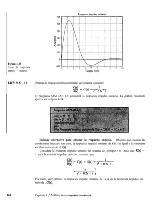 Figura 4-23
Curva de respuesta
impulso unitario.
-.-
0 1 2 3 4 5 6 7 8 9 10
lIemp0 (seg)
( EJEMPLO 4-6 Obtenga la respuesta impulso unitario del sistema siguiente:
cO = G(s) = s2 + o1a + 1
R(s)
El programa MATLAB 4-5 producirá la respuesta impulso unitario. La gráfica resultante
aparece en la figura 4-24.
168
Enfoque alternativo para obtener la respuesta impulso. Observe que, cuando las
condiciones iniciales son cero, la respuesta impulso unitario de G(s) es igual a la respuesta
escalón unitario de sG(s).
Considere la respuesta impulso unitario del sistema del ejemplo 4-6. Dado que R(s) =
1 para la entrada impulso unitario, tenemos que
C(s)-=
R(s)
C(s) = G(s) = $2 + olb + 1
s 1
=
s2 + 0.2% + 1 s
Por tanto, convertimos la respuesta impulso unitario de G(s) en la respuesta impulso uni-
tario de SC(S).
Capítulo 4 / Análísis de la respuesta transitoria
 