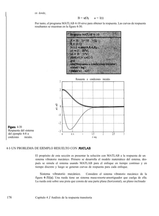 Figura 4-30
Respuesta del sistema
del ejemplo 4-8 a
condiciones iniciales.
en donde,
B = x(O), u = l(t)
Por tanto, el programa MATLAB 4-10 sirve para obtener la respuesta. Las curvas de respuesta
resultantes se muestran en la figura 4-30.
Resuuesta a condiciones iniciales
3
2
1
Q 0
x
-1
- 2
- 3
0 0.5 1 1.5 2 2.5 3
t seg
4-5 UN PROBLEMA DE EJEMPLO RESUELTO CON MATJAB
El propósito de esta sección es presentar la solución con MATLAB a la respuesta de un
sistema vibratorio mecánico. Primero se desarrolla el modelo matemático del sistema, des-
pués se simula el sistema usando MATLAB para el enfoque en tiempo continuo y en
tiempo discreto y luego se generan curvas de respuesta para cada enfoque.
Sistema vibratorio mecánico. Considere el sistema vibratorio mecánico de la
figura 4-31(a). Una rueda tiene un sistema masa-resorte-amortiguador que cuelga de ella.
La rueda está sobre una pista que consta de una parte plana (horizontal), un plano inclinado
178 Capítulo 4 / Análisis de la respuesta transitoria
 
