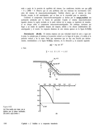 mide a partir de la posición de equilibrio del sistema. Las condiciones iniciales son que y(O)
= 0 y j(O) = 0. Observe que en este problema sólo nos interesan los movimientos verti-
cales del sistema de masa-resorte-amortiguador. También observe que el sistema no tiene
fricción, excepto la del amortiguador, que se basa en la viscosidad para su operación.
Conforme el componente masa-resorte-amortiguador se desliza por la rampa,recibirá una
aceleración producida por la fuerza de gravedad. Cuando el sistema masa-resorte-amor-
tiguador alcanza la región nivelada en la parte inferior de la rampa, se imprimirá de inmedia-
to un choque sobre el componente masa-resorte-amortiguador. Sin embargo, terminara por
llegar a un estado de equilibrio después del impacto, debido a los efectos estabilizadores del
amortiguador y el resorte. La respuesta dinámica de este sistema aparece en la figura 4-31(b).
Determinación &x(t). El sistema empieza con una velocidad inicial de cero y sigue por
la pista. La entrada para el sistema es la posición vertical x a lo largo de la pista, y la salida es la
posición vertical y de la masa. Dado que suponemos que no hay una fricción por desliza-
miento, remitiéndonos a la figura 4-32(a), tenemos, en la dirección z, la ecuación siguiente:
m.f = mg sen 45”
o bien
2 = 9.81 X 0.707 = 6.9357
64
Figura 4-32
(a) Una rueda con masa m se
desliza por el plano inclinado;
(b) curva x(f) contra t. (b)
180 Capítulo 4 / Análisis de la respuesta transitoria
 
