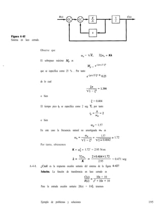 Figura 4-42
Sistema en lazo cerrado.
Observe que
w, = G, 2501, = Kk
El sobrepaso máximo Mp es
MP = e-5nlm
que se especifica como 25 % . Por tanto
,-w-P = 0.25
de lo cual
o bien
5 = 0.404
El tiempo pico tp se especifica como 2 seg. Y, por tanto
o bien
Wd = 1.57
En este caso la frecuencia natural no amortiguada o,, es
1.57
VQ - 0.4042
= 1.72
Por tanto, obtenemos
K = con = 1.72’ = 2.95 N-m
z3J” 2xO.404x1.72
k=-=
K 2.95
= 0.471 seg
A-4-8. iCuál es la respuesta escalón unitario del sistema de la figura 4-43?
Solución. La función de transferencia en lazo cerrado es
C(s) 10s + 10-=
R(s) s2 + 10s + 10
Para la entrada escalón unitario [R(s) = l/s], tenemos
Ejemplo de problemas y soluciones 195
 