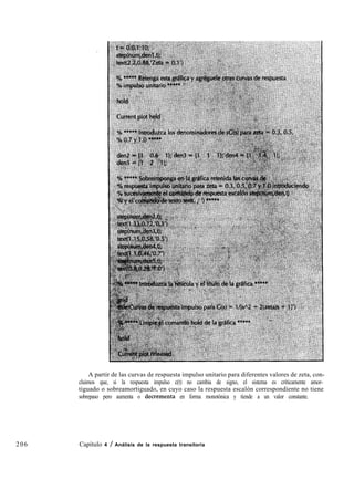206
A partir de las curvas de respuesta impulso unitario para diferentes valores de zeta, con-
cluimos que, si la respuesta impulso c(t) no cambia de signo, el sistema es críticamente amor-
tiguado o sobreamortiguado, en cuyo caso la respuesta escalón correspondiente no tiene
sobrepaso pero aumenta o decrementa en forma monotónica y tiende a un valor constante.
Capítulo 4 / Análisis de la respuesta transitoria
 