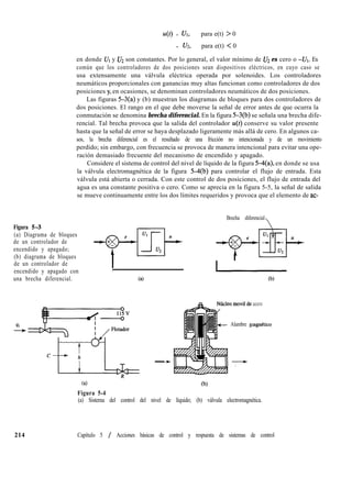 U(l) = Ul, para e(t) > 0
= u2, para e(t) < 0
en donde UI y UZ son constantes. Por lo general, el valor mínimo de 172 es cero o -UI. Es
común que los controladores de dos posiciones sean dispositivos eléctricos, en cuyo caso se
usa extensamente una válvula eléctrica operada por solenoides. Los controladores
neumáticos proporcionales con ganancias muy altas funcionan como controladores de dos
posiciones y, en ocasiones, se denominan controladores neumáticos de dos posiciones.
Las figuras 5-3(a) y (b) muestran los diagramas de bloques para dos controladores de
dos posiciones. El rango en el que debe moverse la señal de error antes de que ocurra la
conmutación se denomina brecha diferencial. En la figura 5-3(b) se señala una brecha dife-
rencial. Tal brecha provoca que la salida del controlador u(t) conserve su valor presente
hasta que la señal de error se haya desplazado ligeramente más allá de cero. En algunos ca-
sos, la brecha diferencial es el resultado de una fricción no intencionada y de un movimiento
perdido; sin embargo, con frecuencia se provoca de manera intencional para evitar una ope-
ración demasiado frecuente del mecanismo de encendido y apagado.
Considere el sistema de control del nivel de líquido de la figura 5-4(a), en donde se usa
la válvula electromagnética de la figura W(b) para controlar el flujo de entrada. Esta
válvula está abierta o cerrada. Con este control de dos posiciones, el flujo de entrada del
agua es una constante positiva o cero. Como se aprecia en la figura 5-5, la señal de salida
se mueve continuamente entre los dos límites requeridos y provoca que el elemento de ac-
Figura 53
(a) Diagrama de bloques
de un controlador de
encendido y apagado;
(b) diagrama de bloques
de un controlador de
encendido y apagado con
una brecha diferencial.
Ul u
IYErr,
Brecha diferencial

, -
Ca) (b)
4i
-
-
+- Alambre n
acero
Ca)
Figura 5-4
(a) Sistema del control del nivel de líquido; (b) válvula electromagnética.
214 Capítulo 5 / Acciones básicas de control y respuesta de sistemas de control
 