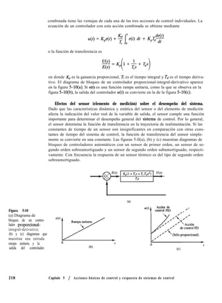 combinada tiene las ventajas de cada una de las tres acciones de control individuales. La
ecuación de un controlador con esta acción combinada se obtiene mediante
de(t)
e(t) dt + K,T, dt
o la función de transferencia es
en donde Kp es la ganancia proporcional, Ti es el tiempo integral y Td es el tiempo deriva-
tivo. El diagrama de bloques de un controlador proporcional-integral-derivativo aparece
en la figura 5-lo(a). Si e(t) es una función rampa unitaria, como la que se observa en la
figura 5-lo(b), la salida del controlador u(t) se convierte en la de la figura 5-lo(c).
Efectos del sensor (elemento de medición) sobre el desempeño del sistema.
Dado que las características dinámica y estática del sensor o del elemento de medición
afecta la indicación del valor real de la variable de salida, el sensor cumple una función
importante para determinar el desempeño general del sistema de control. Por lo general,
el sensor determina la función de transferencia en la trayectoria de realimentación. Si las
constantes de tiempo de un sensor son insignificantes en comparación con otras cons-
tantes de tiempo del sistema de control, la función de transferencia del sensor simple-
mente se convierte en una constante. Las figuras 5-ll(a), (b) y (c) muestran diagramas de
bloques de controladores automáticos con un sensor de primer orden, un sensor de se-
gundo orden sobreamortiguado y un sensor de segundo orden subamortiguado, respecti-
vamente. Con frecuencia la respuesta de un sensor térmico es del tipo de segundo orden
sobreamortiguado.
Ca)
Figura 5-10
(a) Diagrama de
bloques de un contro-
lador proporcional-
integral-derivativo;
(b) y (c) diagramas que
muestran una entrada
rampa unitaria y la
salida del controlador.
u(t)
+
Acción de ,
control PID /
,
218 Capítulo 5 / Acciones básicas de control y respuesta de sistemas de control
 