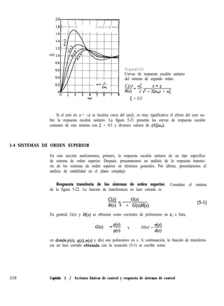 1.8 +..me..+..; ............... ...«<.. ;........._.....; ..<t..._... i
;A 1 ; / / /
Cl 1 2 3 4 5 6 1 8
w
Figura5-21
Curvas de respuesta escalón unitario
del sistema de segundo orden.
C(s) fu2-=L! S+Z
R(s) z s2 + 2504s + co;
5 = 0.5
Si el cero en s = -z se localiza cerca del eje@, es muy significativo el efecto del cero so-
bre la respuesta escalón unitario. La figura 5-21 presenta las curvas de respuesta escalón
comunes de este sistema con 5 = 0.5 y diversos valores de z/(&II,,).
5-4 SISTEMAS DE ORDEN SUPERIOR
En esta sección analizaremos, primero, la respuesta escalón unitario de un tipo específico
de sistema de orden superior. Después, presentaremos un análisis de la respuesta transito-
ria de los sistemas de orden superior en términos generales. Por último, presentaremos el
análisis de estabilidad en el plano complejo.
Respuesta transitoria de los sistemas de orden superior. Considere el sistema
de la figura 5-22. La función de transferencia en lazo cerrado es
C(s)-= G(s)
R(s) 1 + G(s)H(s) (5-1)
En general, G(s) y H(s) se obtienen como cocientes de polinomios en s, o bien,
‘3s) =” Y H(s) = ”
en dondep(s), q(s),n(s) y d(s) son polinomios en s. A continuación, la función de transferen-
cia en lazo cerrado obtenida con la ecuación (5-1) se escribe como
228 Capítulo 5 / Acciones básicas de control y respuesta de sistemas de control
 