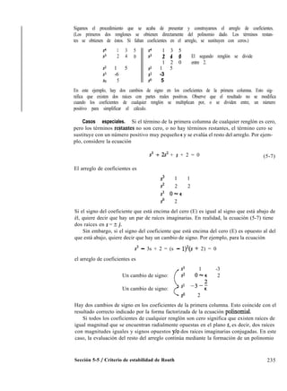 Sigamos el procedimiento que se acaba de presentar y construyamos el arreglo de coeficientes.
(Los primeros dos renglones se obtienen directamente del polinomio dado. Los términos restan-
tes se obtienen de éstos. Si faltan coeficientes en el arreglo, se sustituyen con ceros.)
s4 1 3 5 S4 1 3 5
s3 2 4 0 s3 24 fJ El segundo renglón se divide
1 2 0 entre 2.
$2 1 5 s2 1 5
s* -6 s* -3
SO 5 so 5
En este ejemplo, hay dos cambios de signo en los coeficientes de la primera columna. Esto sig-
nifica que existen dos raíces con partes reales positivas. Observe que el resultado no se modifica
cuando los coeficientes de cualquier renglón se multiplican por, o se dividen entre, un número
positivo para simplificar el cálculo.
Casos especiales. Si el término de la primera columna de cualquier renglón es cero,
pero los términos reptantes no son cero, o no hay términos restantes, el término cero se
sustituye con un número positivo muy pequeño E y se evalúa el resto del arreglo. Por ejem-
plo, considere la ecuación
s3 + 2s2 + s + 2 = 0 (5-7)
El arreglo de coeficientes es
s3 1 1
s2 2 2
s1 O=E
so 2
Si el signo del coeficiente que está encima del cero (E) es igual al signo que está abajo de
él, quiere decir que hay un par de raíces imaginarias. En realidad, la ecuación (5-7) tiene
dos raíces en s = k j.
Sin embargo, si el signo del coeficiente que está encima del cero (E) es opuesto al del
que está abajo, quiere decir que hay un cambio de signo. Por ejemplo, para la ecuación
s3 - 3s + 2 = (s - 1)2(s + 2) = 0
el arreglo de coeficientes es
(
s3 1 -3
Un cambio de signo: s* O=E 2
Un cambio de signo:
<
Sl
-3-i
so 2
Hay dos cambios de signo en los coeficientes de la primera columna. Esto coincide con el
resultado correcto indicado por la forma factorizada de la ecuación polinomial.
Si todos los coeficientes de cualquier renglón son cero significa que existen raíces de
igual magnitud que se encuentran radialmente opuestas en el plano s, es decir, dos raíces
con magnitudes iguales y signos opuestos y/o dos raíces imaginarias conjugadas. En este
caso, la evaluación del resto del arreglo continúa mediante la formación de un polinomio
Sección 5-5 / Criterio de estabilidad de Routh 235
 