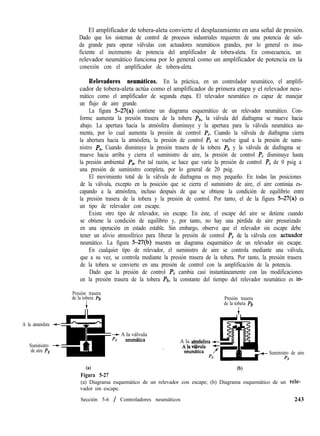 El amplificador de tobera-aleta convierte el desplazamiento en una señal de presión.
Dado que los sistemas de control de procesos industriales requieren de una potencia de sali-
da grande para operar válvulas con actuadores neumáticos grandes, por lo general es insu-
ficiente el incremento de potencia del amplificador de tobera-aleta. En consecuencia, un
relevador neumático funciona por lo general como un amplificador de potencia en la
conexión con el amplificador de tobera-aleta.
Relevadores neumáticos. En la práctica, en un controlador neumático, el amplifi-
cador de tobera-aleta actúa como el amplificador de primera etapa y el relevador neu-
mático como el amplificador de segunda etapa. El relevador neumático es capaz de manejar
un flujo de aire grande.
La figura 5-27(a) contiene un diagrama esquemático de un relevador neumático. Con-
forme aumenta la presión trasera de la tobera Pb, la válvula del diafragma se mueve hacia
abajo. La apertura hacia la atmósfera disminuye y la apertura para la válvula neumática au-
menta, por lo cual aumenta la presión de control PC. Cuando la válvula de diafragma cierra
la abertura hacia la atmósfera, la presión de control PC se vuelve igual a la presión de sumi-
nistro P,. Cuando disminuye la presión trasera de la tobera Pb y la válvula de diafragma se
mueve hacia arriba y cierra el suministro de aire, la presión de control PC disminuye hasta
la presión ambiental Pa. Por tal razón, se hace que varíe la presión de control PC de 0 psig a
una presión de suministro completa, por lo general de 20 psig.
El movimiento total de la válvula de diafragma es muy pequeño. En todas las posiciones
de la válvula, excepto en la posición que se cierra el suministro de aire, el aire continúa es-
capando a la atmósfera, incluso después de que se obtiene la condición de equilibrio entre
la presión trasera de la tobera y la presión de control. Por tanto, el de la figura 5-27(a) es
un tipo de relevador con escape.
Existe otro tipo de relevador, sin escape. En éste, el escape del aire se detiene cuando
se obtiene la condición de equilibrio y, por tanto, no hay una pérdida de aire presurizado
en una operación en estado estable. Sin embargo, observe que el relevador sin escape debe
tener un alivio atmosférico para liberar la presión de control PC de la válvula con actuador
neumático. La figura 5-27(b) muestra un diagrama esquemático de un relevador sin escape.
En cualquier tipo de relevador, el suministro de aire se controla mediante una válvula,
que a su vez, se controla mediante la presión trasera de la tobera. Por tanto, la presión trasera
de la tobera se convierte en una presión de control con la amplificación de la potencia.
Dado que la presión de control PC cambia casi instantáneamente con las modificaciones
en la presión trasera de la tobera Pb, la constante del tiempo del relevador neumático es in-
Presión trasera
de la tobera Pb
+
Presión trasera
de la tobera Pb
A la atmósfera f
Suministro -+
de aire PS
--+ A la válvula
PC neurnhica A la athsfera +--
I Alav&ula +
neum&ica
Pf
+- Suministro de aire
PS
(4
Figura 5-27
(a) Diagrama esquemático de un relevador con escape; (b) Diagrama esquemático de un rele-
vador sin escape.
Sección 5-6 / Controladores neumáticos 243
 