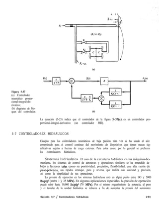 Figura 5-37
(a) Controlador
neumático propor-
cional-integral-de-
rivativo;
(b) diagrama de blo-
ques del controlador.
e t i
X+.X
b
i’
PC(S)
RiCS + 1
(b)
La ecuación (5-25) indica que el controlador de la figura S-37(a) es un controlador pro-
porcional-integral-derivativo (un controlador PID).
5-7 CONTROLADORES HIDRÁULICOS
Excepto para los controladores neumáticos de baja presión, rara vez se ha usado el aire
comprimido para el control continuo del movimiento de dispositivos que tienen masas sig-
nificativas sujetas a fuerzas de carga externas. Para estos casos, por lo general se prefieren
los controladores hidráulicos.
Sistemas hidráulicos. El uso de la circuitería hidráulica en las máquinas-he-
rramienta, los sistemas de control de aeronaves y operaciones similares se ha extendido de-
bido a factores tales como su positividad, precisión, flexibilidad, una alta razón de
.peso-potencia, sus rápidos arranque, paro y reversa, que realiza con suavidad y precisión,
así como la simplicidad de sus operaciones.
La presión de operación en los sistemas hidráulicos está en algún punto entre 145 y 5000
lbr/plg* (entre 1 y 35 MPa). En algunas aplicaciones especiales, la presión de operación
puede subir hasta 10,000 lb$plgz (70 MPa). Por el mismo requerimiento de potencia, el peso
y el tamaño de la unidad hidráulica se reducen a fin de aumentar la presión del suministro.
Sección 5-7 / Controladores hidráulicos 255
 