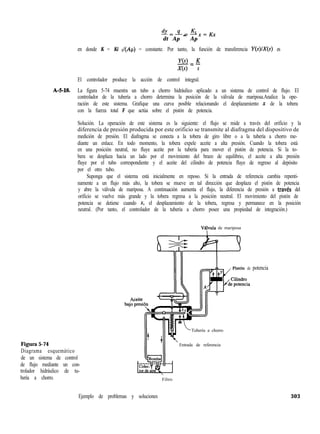 dy=4-KLx=Kx
dt Ap - Ap
en donde K = Ki d(Ap) = constante. Por tanto, la función de transferencia Y(s)/X(s) es
Y(s) K-=-
X(s) s
El controlador produce la acción de control integral.
A-S-l& La figura 5-74 muestra un tubo a chorro hidráulico aplicado a un sistema de control de flujo. El
controlador de la tubería a chorro determina la posición de la válvula de mariposa.Analice la ope-
ración de este sistema. Grafique una curva posible relacionando el desplazamiento x de la tobera
con la fuerza total F que actúa sobre el pistón de potencia.
Solución. La operación de este sistema es la siguiente: el flujo se mide a través del orificio y la
diferencia de presión producida por este orificio se transmite al diafragma del dispositivo de
medición de presión. El diafragma se conecta a la tobera de giro libre o a la tubería a chorro me-
diante un enlace. En todo momento, la tobera expele aceite a alta presión. Cuando la tobera está
en una posición neutral, no fluye aceite por la tubería para mover el pistón de potencia. Si la to-
bera se desplaza hacia un lado por el movimiento del brazo de equilibrio, el aceite a alta presión
fluye por el tubo correspondiente y el aceite del cilindro de potencia fluye de regreso al depósito
por el otro tubo.
Suponga que el sistema está inicialmente en reposo. Si la entrada de referencia cambia repenti-
namente a un flujo más alto, la tobera se mueve en tal dirección que desplaza el pistón de potencia
y abre la válvula de mariposa. A continuación aumenta el flujo, la diferencia de presión a travks del
orificio se vuelve más grande y la tobera regresa a la posición neutral. El movimiento del pistón de
potencia se detiene cuando x, el desplazamiento de la tobera, regresa y permanece en la posición
neutral. (Por tanto, el controlador de la tubería a chorro posee una propiedad de integración.)
VáJula de mariposa
Figura 5-74
Diagrama esquemático
de un sistema de control
de flujo mediante un con-
trolador hidráulico de tu-
bería a chorro.
Pistón de potencia
Tubería a chorro
Entrada de referencia
Filtro
Ejemplo de problemas y soluciones 303
 