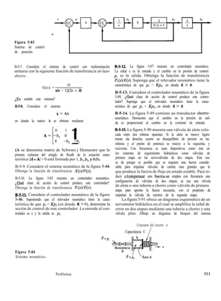 Figura 5-83
Sistema de control
de posición.
B-5-7. Considere el sistema de control con realimentación
unitaria con la siguiente función de transferencia en lazo
abierto:
G(s) =
10
s(s -/1)(2s + 3)
LES estable este sistema?
B-5-8. Considere el sistema
i = Ax
en donde la matriz A se obtiene mediante
0 1 0
A=-b,O 1
[ 10 -b, -b,
(A se denomina matriz de Schwarz.) Demuestre que la
primera columna del arreglo de Routh de la ecuación carac-
terística IsI - Al = 0 está formada por 1, bl, bz, y blb3.
B-5-9. Considere el sistema neumático de la figura 5-84.
Obtenga la función de transferencia X(s)/P@).
B-5-10. La figura 5-85 muestra un controlador neumático.
¿Qué clase de acción de control produce este controlador?
Obtenga la función de transferencia P,(s)/.!?(s).
B-5-11. Considere el controlador neumático de la figura
5-86. Suponiendo que el relevador neumático tiene la carac-
terística de que pc = Kpb (en donde K > 0), determine la
acción de control de este controlador. La entrada al con-
trolador es e y la salida es pc.
Figura 5-84
Sistema neumático.
B-5-12. La figura 5-87 muestra un controlador neumático.
La señal e es la entrada y el cambio en la presión de control
pc es la salida. Obtenga la función de transferencia
P,(s)lE(s). Suponga que el relevador neumático tiene la
característica de que pc = Kpb, en donde K > 0.
B-5-13. Considere el controlador neumático de la figura
5-88. ¿Qué clase de acción de control produce este contro-
lador? Suponga que el relevador neumático tiene la carac-
terística de que pc = Kpb, en donde K > 0.
B-5-14. La figura 5-89 contiene un transductor electro-
neumático. Demuestra que el cambio en la presión de sali-
da es proporcional al cambio en la corriente de entrada.
B-5-15. La figura 5-90 muestra una válvula de aleta colo-
cada entre dos toberas opuestas. Si la aleta se mueve ligera-
mente ala derecha, ocurre un desequilibrio de presión en las
toberas y el pistón de potencia se mueve a la izquierda, y
viceversa. Con frecuencia se usan dispositivos como éste en
los sistemas de seguimiento hidráulicos como válvulas de
primera etapa en las servoválvulas de dos etapas. Este uso
se da porque es posible que se requiera una fuerza conside-
rable para impulsar válvulas de carrete más grandes que la
que produce la fuerza de flujo en estado estable. Para re-
ducir oeompensar esta fuerza,se emplea con frecuencia una
configuración de válvulas de dos etapas; se usa una válvula
de aleta o una tubería a chorro como válvula de primera
etapa para aportar la fuerza necesaria, con el propósito de
impulsar la válvula de carretes de la segunda etapa.
La figura 5-91 ofrece un diagrama esquemático de un
servomotor hidráulico en el cual se amplifica la señal de
error en dos etapas mediante una tubería a chorro y una
válvula piloto. Dibuje un diagrama de bloques del sistema
Constante del resorte k
Capacitancia C
 /
P+p;
Problemas 311
 