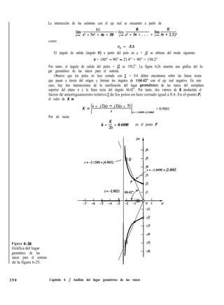 La intersección de las asíntotas con el eje real se encuentra a partir de
KS
E s3 + 5s* + 4s + 20
= Iím
K
s-Q0 s* + 5s + . . . = :E (s tK2.512
como
0, = -2.5
El ángulo de salida (ángulo 0) a partir del polo en s = 12 se obtiene del modo siguiente:
6’ = 180” - 90” - 21.8” + 90” = 158.2”
Por tanto, el ángulo de salida del polos = $2 es 158.2”. La figura 6-26 muestra una gráfica del lu-
gar geométrico de las raíces para el sistema.
Observe que los polos en lazo cerrado con 5 = 0.4 deben encontrarse sobre las líneas rectas
que pasan a través del origen y forman los ángulos de t66.42” con el eje real negativo. En este
caso, hay dos intersecciones de la ramificación del lugar geomttrico de las raíces del semiplano
superior del plano s y la línea recta del ángulo 66.42”. Por tanto, dos valores de K producirán el
factor de amortiguamiento relativo 5 de los polos en lazo cerrado igual a 0.4. En el punto P,
el valor de K es
Por tal razón
K = (s + MS - Ns + 5)
= 8.9801
S s=-1.0490+j2.4065
k = t. = 0.4490 en el punto P

s=-2.1589+j4.9652 '
s=-2.9021
Figura 6-26
Gráfica del lugar
geométrico de las
raíces para el sistema
de la figura 6-25.
j2.4065
3 5 0 Capítulo 6 / Análisis del lugar geométrico de las raíces
 