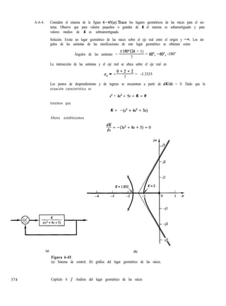 A-6-4. Considere el sistema de la figura 6-45(a).Trace los lugares geométricos de las raíces para el sis-
tema. Observe que para valores pequeños o grandes de K el sistema es subamortiguado y para
valores medios de K es sobreamortiguado.
Solución. Existe un lugar geométrico de las raíces sobre el eje real entre el origen y -00. Los án-
gulos de las asíntotas de las ramificaciones de este lugar geométrico se obtienen como
Ángulos de las asíntotas =
?180”(2k + 1)
3
= 60”, -6O”, -180”
La intersección de las asíntotas y el eje real se ubica sobre el eje real en
(7 --0+2+2-
a 3
= -1.3333
Los puntos de desprendimiento y de ingreso se encuentran a partir de dKlds = 0. Dado que la
ecuación característica es
s3 + 4s2 + 5s + K = 0
tenemos que
K = -(s3+4s2+5s)
Ahora establecemos
dK
-=-(3s2+8s+5)=0
d s
374
(4 (b)
Figura 6-45
(a) Sistema de control; (b) gráfica del lugar geométrico de las raíces.
Capítulo 6 / Análisis del lugar geométrico de las raíces
 