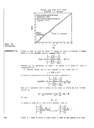 436 Capítulo 7 / Diseño de sistemas de control mediante el mttodo del lugar geométrico de las raíces
Figura 7-22
(Continuación)
EJEMPLO 7-4
Respuestas rampa unitaria de los sistemas
compensado y no compensado
compensado = 0.125
Sistema no compensado
1 2 3 4 1 85 6
t seg
(b)
Considere el sistema de control del ejemplo 7-3. Suponga que usamos un compensador de atraso-
adelanto de la forma obtenida mediante la ecuacióq (749, o bien,
Suponiendo que las especificaciones son iguales a las obtenidas en el ejemplo 7-3, diseñe un
compensador G,(s).
Las ubicaciones deseadas para los polos dominantes en lazo cerrado están en
s = -2.50 2 j4.33
La función de transferencia en lazo abierto del sistema compensado es
Dado que el requerimiento sobre la constante de error estático de velocidad KV es de 80 seg-*,
tenemos que
4
K, = lím sG,(s)G(s) = lím K, - = 8K, = 80
s-d S-PO 0.5
Por tanto,
K, = 10
La constante de tiempo Tl y el valor de j3 se determinan a partir de
=-
 