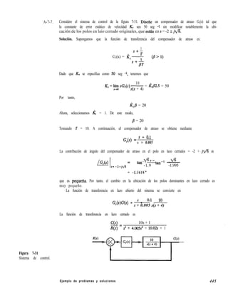 A-7-7. Considere el sistema de control de la figura 7-31. Disefíe un compensador de atraso G,(s) tal que
la constante de error estático de velocidad K, sea 50 seg -1 sin modificar notablemente la ubi-
cación de los polos en laio cerrado originales, que estan en s = -2 2 jfl.
Solución. Supongamos que la función de transferencia del compensador de atraso es:
1
S+-
G,(s) = Ztc-$ cs’ 1)
Dado que KV se especifica como 50 seg -1, tenemos que
KV = yz sG,(s)
10
-= Izd2.5 = 50
s(s + 4)
Por tanto,
K,/3 = 20
Ahora, seleccionamos k = 1. De este modo,
jl = 20
Tomando T = 10. A continuación, el compensador de atraso se obtiene mediante
G,(s) = ’ + ‘*’
s + 0.005
La contribución de ángulo del compensador de atraso en el polo en lazo cerrados = -2 + jfl es
/(>IGc s = tan-‘-- -fl tan-l ti
s=-2+jfi -1.9 -1.995
= -1.3616”
que es pequena. Por tanto, el cambio en la ubicación de los polos dominantes en lazo cerrado es
muy pequeño.
La función de transferencia en lazo abierto del sistema se convierte en
G,(s)G(s) = ’ + ‘*’ 1o
s + 0.005 s(s + 4)
La función de transferencia en lazo cerrado es
C(s) 10s + 1-=
R(s) s3 + 4.005s2 + 10.02s + 1
Figura 7-31
Sistema de control.
Ejemplo de problemas y soluciones 445
 
