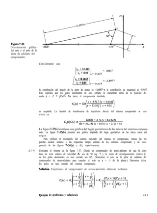 Figura 7-34 t
Determinación gráfica -53.35 Cr
del cero y el polo de la
parte de adelanto del
compensador.
Considerando que
= 0.9837
s,=-2+j2%/3
L-Is1 + 0.1442
Sl + 0.01
= -1.697”
s,= -2+j&B
la contribución del ángulo de la parte de atraso es -1.697”~ la contribución de magnitud es 0.9837.
Esto significa que los polos dominantes en lazo cerrado se encuentran cerca de la posición de-
seada s = -2 t @ti. Por tanto, el compensador diseñado,
es aceptable. La función de transferencia de trayectoria directa del sistema compensado se con-
vierte en
GcWW =
128O(s + 3.7) (s + 0.1442)
s(s + 53.35) (s + 0.01) (s + 2) (s + 8)
La figura 7-35(a) contiene una gráfica del lugar geométrico de las raíces del sistema compen-
sado. La figura 7-35(b) presenta una gráfica ampliada del lugar geométrico de las raíces cerca del
origen.
Para verificar el desempeño del sistema mejorado del sistema no compensado, véanse las res-
puestas escalón unitario y las respuestas rampa unitaria de los sistemas compensado y no com-
pensado de las figuras 7-36(a) y (b), respectivamente.
A-7-9. Considere el sistema de la figura 7-37. Diseñe un compensador de atraso-adelanto tal que la cons-
tante de error estático de velocidad KV sea de 50 seg -1 y la razón de amortiguamiento relativo 5
de los polos dominantes en lazo cerrado sea 0.5. (Seleccione el cero de la parte de adelanto del
compensador de atraso-adelanto para cancelar el polo en s = -1 de la planta.) Determine todos
los polos en lazo cerrado del sistema compensado.
SoluQón. Empleemos el compensador de atraso-adelanto obtenido mediante
F,jemplo de problemas y soluciones 449
 