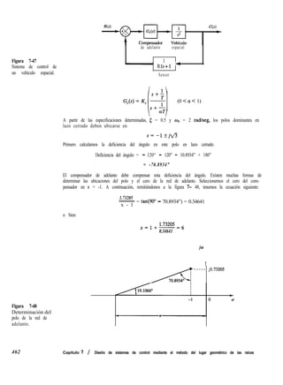 Figura 7-47
Sistema de control de
un vehículo espacial.
Figura 7-48
Determinación del
polo de la red de
adelanto.
462
de adelanto espacial
1
O.ls+l 4
Sensor
(0 < Q < 1)
A partir de las especificaciones determinadas, 5 = 0.5 y CIJA = 2 radkeg, los polos dominantes en
lazo cerrado deben ubicarse en
Primero calculamos la deficiencia del ángulo en este polo en lazo cerrado.
Deficiencia del ángulo = - 120“ - 120” - 10.8934” + 180”
= -70.8934”
El compensador de adelanto debe compensar esta deficiencia del ángulo. Existen muchas formas de
determinar las ubicaciones del polo y el cero de la red de adelanto. Seleccionemos el cero del com-
pensador en s = -1. A continuación, remitiéndonos a la figura 7- 48, tenemos la ecuación siguiente:
1.73205
-= tan(90” - 70.8934”) = 0.34641
x - l
o bien
x=1+1.73205=6
0.34641
jw
t
- - - - - j1.73205
Capítulo 7 / Diseño de sistemas de control mediante el método del lugar geométrico de las raíces
 