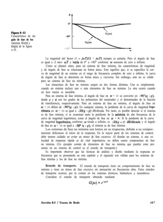 Figura 842
Característica de án-
gulo de fase de los
sistemas Cr(s) y
Gz(s) de la figura
s-ll.
-180"
La magnitud del factor (1 - jwT)/(l + joT) siempre es unitaria. Pero el ángulo de fase
es igual a -2 tan-r oT y varfa de 0” a -180” conforme o aumenta de cero a infinito.
Como se planteó antes, para un sistema de fase mínima, las características de magnitud
y de ángulo de fase se relacionan en forma única. Esto significa que, si se especifica la cur-
va de magnitud de un sistema en el rango de frecuencia completo de cero a infinito, la curva
de ángulo de fase se determina en forma única y viceversa. Sin embargo, esto no es válido
para un sistema de fase no mínima.
Las situaciones de fase no mínima surgen en dos formas distintas. Una es simplemente
cuando un sistema incluye uno o más elementos de fase no mínima. La otra ocurre cuando
un lazo menor es inestable.
Para un sistema de fase mínima, el ángulo de fase en o = CC se convierte en -9O”(q -p),
donde p y 4 son los grados de los polinomios del numerador y el denominador de la función
de transferencia, respectivamente. Para un sistema de fase no mínima, el ángulo de fase en
o = CO difiere de -9O”(q -p). En cualquier sistema, la pendiente de la curva de magnitud loga-
rftmica en w = CO es igual a -2O(q -p) dB/década. Por tanto, es posible detectar si el sistema
es de fase mínima, si se examinan tanto la pendiente de la asíntota de alta frecuencia de la
curva de magnitud logarítmica, como el ángulo de fase en o = 03. Si la pendiente de la curva
de magnitud logarftmica, conforme o tiende a infinito, es -2O(q - p) dB/década y el ángulo
de fase en w = CO es igual a -90“ (q -JI), el sistema es de fase mínima.
Los sistemas de fase no mínima son lentos en su respuesta, debido a su compor-
tamiento defectuoso al inicio de la respuesta. En la mayor parte de los sistemas de control,
debe tenerse cuidado en evitar un atraso de fase excesivo. Al diseñar un sistema, si una ve-
locidad de respuesta rápida es de vital importancia, no deben usarse componentes de fase
no mínima. (Un ejemplo común de elementos de fase no mínima que pueden estar pre-
sentes en un sistema de control es el retardo de transporte.)
Es importante observar que las técnicas de análisis y diseño mediante la respuesta en
frecuencia que se presentarán en este capítulo y el siguiente son válidas para los sistemas de
fase mínima y los de fase no mínima.
Retardo de transporte. El retardo de transporte tiene un comportamiento de fase no
mínima y tiene un atraso de fase excesivo sin atenuación en frecuencias altas. Estos retardos
de transporte ocurren, por lo común en los sistemas térmicos, hidráulicos y neumáticos.
Considere el retardo de transporte obtenido mediante
G(jm) = e-h’T
Sección 8-2 / Trazas de Bode 487
 