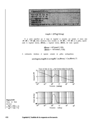 Figura 8-22
Trazas de Bode
de G(s)
= 9(? + 0.23 + 1)
s(s2 + 1.23 + 9) ’
magdb = 2O*logl O(mag)
Si se quiere especificar que el rango de magnitud se encuentre, por ejemplo, al menos entre
45 dB y +45 dB, deben introducirse líneas invisibles en 4 dB y +45 dB en la gráfica, especifi-
cando la magnitud máxima, dBmax, y magnitud mínima, dBmin, del modo siguiente:
dBmax = 45*ones(l,l OO);
dBmin = -45*ones(l ,l OO);
A continuación, introduzca el siguiente comando de gráfica semilogarítmica:
semilogx(w,magdB,‘o’,w,magdB,‘-‘,w,dBmax,’--i’,w,dBmin,‘:i’)
Trazas de Bode de G(s) = 9(s”2+0.2s+l)l[s(s”2+1.~+9)]
50
%
2
8 0
%
d
-50’ ’ ’ “““’ ’ ’ “““’ ’ ’ “““’
I Illlll1l I I1lllJJJ
10-2 10-1 100 10’ lo2 103
Frecuencia (radheg)
9 0
4:
$
d
8 0
-0
$
-90
10-2 10-1 100 10’ 103
Frecuencia (radlseg)
496 Capítulo 8 / Análisis de la respuesta en frecuencia
 