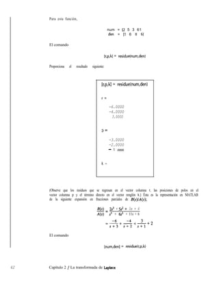 42 Capítulo 2 / La transformada de Laplace
Para esta función,
El comando
num = [2 5 3 61
den = [l 6 ll 61
[r,p,k] = residue(num,den)
Proporciona el resultado siguiente:
[r,p,kl = residue(num,den)
r =
-6.0000
-4.0000
3.0000
P=
-3.0000
-2.0000
- 1 .oooo
k =
(Observe que los residuos que se regresan en el vector columna r, las posiciones de polos en el
vector columna p y el término directo en el vector renglón k.) Ésta es la representación en MATLAB
de la siguiente expansión en fracciones parciales de B(s)/A(s);
B(s) 2s3 + 5s2 f 3s + 6-=
4s) s3 + 6s2 + 11s + 6
=-6+ -4+ 3 +2--
s+3 SC2 s+l
El comando
[num,den] = residue(r,p,k)
 