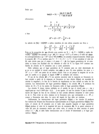 Dado que
tan(A - B) =
tanA - tanB
1 + tanA tanB
obtenemos
Y Y- - -
N= x 1+x Y
l+Y -
Y
i )
=x2+x+y2
x 1+x
o bien
La adición de (?4) + 1/(2N)2 a ambos miembros de esta ultima ecuación nos lleva a
(8-17)
Ésta es la ecuación de un cfrculo con centro en X = -4, Y = 1/(2N) y radio de
v/(G) + 1/(2N)2. Por ejemplo, si a = 30”, N = tan Q = 0.577 y el centro y el radio del cfrcu-
lo correspondiente a a = 30” son (-0.5,0.866) y la unidad, respectivamente. Dado que
la ecuación (8- 17) se satisface para X = Y = 0 y X = -1, Y = 0 sin considerar el valor de
N, cada círculo pasa por el origen y el punto -1 + jo. Los lugares geométricos de Q cons-
tantes se trazan con facilidad una vez obtenido el valor de N. La figura 8-87 contiene una
familia de cfrculos de N constantes con a como parámetro.
Debe señalarse que el lugar geométrico de N constante para un valor determinado de
CL no es en realidad el círculo completo, sino ~610 un arco. En otras palabras, los arcos a =
30” y a = -150” son partes de un mismo cfrculo. Esto es así porque la tangente de un án-
gulo no cambia si se agregan al ángulo 2180’ (o múltiplos del mismo).
El uso de los cfrculos M y N nos permite encontrar toda la respuesta en frecuencia en
lazo cerrado a partir de la respuesta en frecuencia en lazo abierto G(jo), sin necesidad de
calcular la magnitud y la fase de la función de transferencia en lazo cerrado en todas las fre-
cuencias. Las intersecciones del lugar geométrico G(jo) y los círculos M y N producen los
valores de M y N en los puntos de frecuencia sobre el lugar geométrico G(jw).
Los círculos N tienen valores múltiples en el sentido de que el círculo para a = al y
aquél para a = al I+ 180% (n = 1,2,. . .) son iguales. Al usar los círculos N para la determi-
nación del ángulo de fase de los sistemas en lazo cerrado debemos interpretar el valor correc-
to de CC. Para evitar un error, empiece en la frecuencia cero, que corresponde a a = O”, y
avance a frecuencias más altas. La curva del ángulo de fase debe ser continua.
Gráficamente, las intersecciones del lugar geométrico G(jo) y los círculos M producen
los valores de M para las frecuencias representadas en el lugar geométrico G@u). Por
tanto, el círculo de M constante con el radio más pequeño tangente al lugar geométrico
CC&) produce el valor de la magnitud del pico de resonancia M,. Si se quiere conservar el
valor del pico de resonancia menor que cierto valor, el sistema no debe encerrar el punto
crítico (-1 + jo), ni debe haber intersecciones con el círculo M determinado y el lugar geo-
métrico G(jo).
Seccibn 8-10 / Respuesta en frecuencia en lazo cerrado 559
 