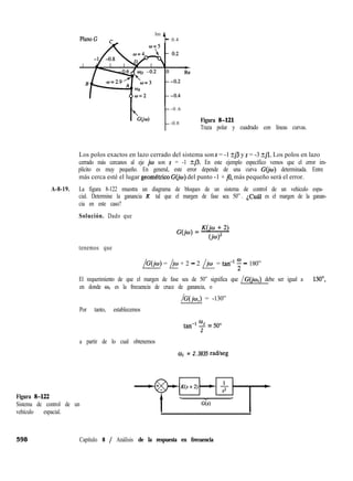 Im A
- 0.4
-0.6
-0.8
Figura 8-121
Traza polar y cuadrado con líneas curvas.
Los polos exactos en lazo cerrado del sistema son s = -1 kj3 y s = -3 +jl. Los polos en lazo
cerrado más cercanos al eje jw son s = -1 kj3. En este ejemplo específico vemos que el error im-
plícito es muy pequeño. En general, este error depende de una curva G(jo) determinada. Entre
más cerca esté el lugar geometrico G(jw) del punto -1 + jo, más pequeño será el error.
A-8-19. La figura 8-122 muestra un diagrama de bloques de un sistema de control de un vehículo espa-
cial. Determine la ganancia K tal que el margen de fase sea 50” . ¿Cuál es el margen de la ganan-
cia en este caso?
Solución. Dado que
tenemos que
/G(jo) = /iw + 2 - 2 /io = tan-’ t - 180”
El requerimiento de que el margen de fase sea de 50” significa que /G(jw,) debe ser igual a - 130”,
en donde oC es la frecuencia de cruce de ganancia, o
/G(jo,) = -130”
Figura 8422
Sistema de control de un
vehículo espacial.
Por tanto, establecemos
wtan-’ 2 = 50”
2
a partir de lo cual obtenemos
wc = 2.3835 radlseg
598 Capítulo 8 / Análisis de la respuesta en frecuencia
 