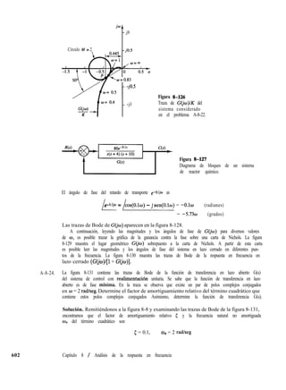 Círculo M = 2
yw=0.83
-jo.5
-jl
Figura 8-126
Traza de G(jo)lK del
sistema considerado
en el problema A-8-22.
Figura 8-127
Diagrama de bloques de un sistema
de reactor químico.
El ángulo de fase del retardo de transporte e-Wm es
LL/
e- 3m = cos(O.lw) - 1 sen(O.lw) = -0.1~ (radianes)
= -5.13w (grados)
Las trazas de Bode de G(jw) aparecen en la figura 8-128.
A continuación, leyendo las magnitudes y los ángulos de fase de G(jo) para diversos valores
de w, es posible trazar la gráfica de la ganancia contra la fase sobre una carta de Nichols. La figura
8-129 muestra el lugar geométrico G(@) sobrepuesto a la carta de Nichols. A partir de esta carta
es posible leer las magnitudes y los ángulos de fase del sistema en lazo cerrado en diferentes pun-
tos de la frecuencia. La figura 8-130 muestra las trazas de Bode de la respuesta en frecuencia en
lazo cerrado (G(jw)/[l + G(jw)].
A-8-24. La figura 8-131 contiene las trazas de Bode de la función de transferencia en lazo abierto G(s)
del sistema de control con realimentaci6n unitaria. Se sabe que la función de transferencia en lazo
abierto es de fase mfnima. En la traza se observa que existe un par de polos complejos conjugados
en w = 2 radkeg. Determine el factor de amortiguamiento relativo del término cuadrático que
contiene estos polos complejos conjugados Asimismo, determine la función de transferencia G(s).
Solución. Remitiéndonos a la figura 8-8 y examinando las trazas de Bode de la figura 8-131,
encontramos que el factor de amortiguamiento relativo 5 y la frecuencia natural no amortiguada
w,, del término cuadrático son
5 = 0.1, o,, = 2 radlseg
602 Capítulo 8 / Análisis de la respuesta en frecuencia
 
