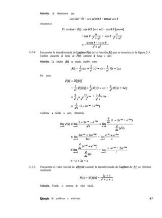 Solución. Si observamos que
sen (ot + 0) = sen 0.H cos 0 + cos wt sen 8
obtenemos
Ce [sen (wt + O)] = cos 8 Ce [sen or] + sen 8 Ce [cos ot]
w s
= COS 8 -+ sen 8
s +w 2s +w
0 COS 8 + s sen 8=
S2+ UI2
A-2-4. Encuentre la transformada de Laplace F(s) de la función f(t) que se muestra en la figura 2-3.
También encuentre el límite de F(s) conforme a tiende a cero.
Solución. La función f(t) se puede escribir como:
f(t) = f l(t) - 5 l(t - a) + $ l(t - 2a)
Por tanto,
w = wc01
= f ce[l@)] - $Z[l(f - a)] + -$?[l(r - 2a)]
ll 21 11 20s= -- _ -we-” + -.-me -
a2s a2 s a2 s
= -& (1 - 2e-” + e-‘“)
Conforme a tiende a cero, obtenemos
lím F(s) = lh 1 - 2e-” + ew2-
d (1 - 2e-” + e-2rrr)
= lím da
#-*O 0+0 a2s a+O
2 ta24
= mm be-" - 2see2"
= lím
e-a.s _ e-2as
0-10 2as 0+0 a
d (e-as - e-2”)
= lím da
$64
= lím
- seew + 2see2”
P-t0 a-ì0 1
= -s+2s=s
A-2-5. Encuentre el valor inicial de dflt)/dt cuando la transformada de Laplace de f(r) se obtiene
mediante
Solución. Usando el teorema de valor inicial,
Ejemplo de problemas y soluciones 4 7
 