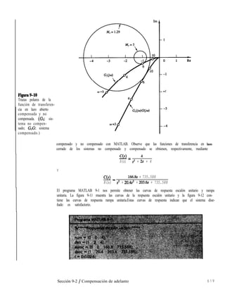 2.-
Figura940
Trazas polares de la
función de transferen-
cia en lazo abierto
compensada y no
compensada. (GI: sis-
tema no compen-
sado; G,G: sistema
compensado.)
compensado y no compensado con MATLAB. Observe que las funciones de transferencia en lazo
cerrado de los sistemas no compensado y compensado se obtienen, respectivamente, mediante
C(s) 4-=
R(s) sz + 23 + 4
Y
CN- 166.8s + 735.588
R(s) - s? + 20.4~~ + 203.6s + 735.588
El programa MATLAB 9-1 nos permite obtener las curvas de respuesta escalón unitario y rampa
unitaria. La figura 9-11 muestra las curvas de la respuesta escalón unitario y la figura 9-12 con-
tiene las curvas de respuesta rampa unitaria.Estas curvas de respuesta indican que el sistema dise-
ñado es satisfactorio.
Sección 9-2 / Compensación de adelanto 6 1 9
 