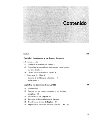 Prefacio
Capitulo 1 Introducción a los sistemas de control
l-l Introducción 1
1-2 Ejemplos de sistemas de control 3
1-3 Control en lazo cerrado en comparación con el control
en lazo abierto 6
1-4 Diseño de los sistemas de control 8
1-5 Panorama del libro 9
Ejemplo de problemas y soluciones 10
Problemas ll
Capítulo 2 La transformada de Laplace
2-1 Introducción 13
2-2 Panorama de las variables complejas y las funciones
complejas 14
2-3 Transformada de Laplace 17
2-4 Teoremas de la transformada de Laplace 27
2-5 Transformada inversa de Laplace 35
2-6 Expansión en fracciones parciales con MATLAB 41
...
XI11
1
13
vii
 
