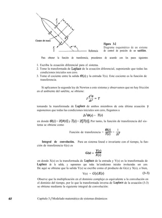 Referencia
Figura 3-2
Diagrama esquemático de un sistema
de control de posición de un satelite.
Para obtener la función de transferencia, procedemos de acuerdo con los pasos siguientes:
1. Escriba la ecuación diferencial para el sistema.
2. Tome la transformada de Laplace de la ecuación diferencial, suponiendo que todas las
condiciones iniciales son cero.
3. Tome el cociente entre la salida O(s) y la entrada T(s). Este cociente es la función de
transferencia.
Si aplicamos la segunda ley de Newton a este sistema y observamos que no hay fricción
en el ambiente del satélite, se obtiene:
tomando la transformada de Laplace de ambos miembros de esta última ecuación y
suponemos que todas las condiciones iniciales son cero, llegamos a
Js20(s) = T(s)
en donde O(s) = Z[e(t)] y T(s) = %[T(t)]. Por tanto, la función de transferencia del sis-
tema se obtiene como
O(s) 1
Función de transferencia = - = -
T(s) Js2
Integral de convolución. Para un sistema lineal e invariante con el tiempo, la fun-
ción de transferencia G(s) es
YN
G(s) = -
-w ’
en donde X(s) es la transformada de Laplace de la entrada y Y(s) es la transformada de
Laplace de la salida, y suponemos que todas las’condiciones iniciales involucradas son cero.
De aquí se obtiene que la salida Y(s) se escribe como el producto de G(s) y X(s), o bien,
Y(s) = G(s)X(s) (3-3)
Observe que la multiplicación en el dominio complejo es equivalente a la convolución en
el dominio del tiempo, por lo que la transformada inversa de Laplace de la ecuación (3-3)
se obtiene mediante la siguiente integral de convolución:
62 Capítulo 3 / Modelado matemático de sistemas dinámicos
 