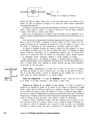 -1 de t.E2Z$&t k Figura 3 3
Elemento de un diagrama de bloques.
dirección del flujo de señales. Observe que la señal sólo puede pasar en la dirección de las
flechas. Por tanto, un diagrama de bloques de un sistema de control muestra explícitamente
una propiedad unilateral.
La figura 3-3 muestra un elemento del diagrama de bloques. La punta de flecha que
señala el bloque indica la entrada, y la punta de flecha que se aleja del bloque representa
la salida. Tales flechas se conocen como señales.
Observe que las dimensiones de la señal de salida del bloque son las dimensiones de la
señal de entrada multiplicadas por las dimensiones de la función de transferencia en el
bloque.
Las ventajas de la representación mediante diagramas de bloques de un sistema es-
triban en que es fácil formar el diagrama de bloques general de todo el sistema con sólo
conectar los bloques de los componentes de acuerdo con el flujo de señales y en que es posi-
ble evaluar la contribución de cada componente al desempeño general del sistema.
En general, la operación funcional del sistema se aprecia con más facilidad si se exami-
na el diagrama de bloques que si se revisa el sistema físico mismo. Un diagrama de bloques
contiene información relacionada con el comportamiento dinámico, pero no incluye infor-
mación de la construcción física del sistema. En consecuencia, muchos sistemas diferentes
y no relacionados pueden representarse mediante el mismo diagrama de bloques.
Debe señalarse que, en un diagrama de bloques, la principal fuente de energía no se
muestra explícitamente y que el diagrama de bloques de un sistema determinado no es
único. Es posible dibujar varios diagramas de bloques diferentes para uu sistema, dependien-
do del punto de vista del análisis.
Ll a - b
+
T
Punto suma. Remitiéndonos a la figura 3-4, un círculo con una cruz es el símbolo
que indica una operación de suma. El signo de más o de menos en cada punta de flecha in-
dica si la señal debe sumarse o restarse. Es importante que las cantidades que se sumen o
b resten tengan las mismas dimensiones y las mismas unidades.
Figura 3-4
Punto suma.
Punto de ramificación. Un punto de ramificación es aquel a partir del cual la señal
de un bloque va de modo concurrente a otros bloques o puntos suma.
Diagrama de bloques de un sistema en lazo cerrado. La figura 3-5 muestra un
ejemplo de un diagrama de bloques de un sistema en lazo cerrado. La salida C(S) se reali-
menta al punto suma, en donde se compara con la entrada de referencia R(s). La naturaleza
en lazo cerrado del sistema se indica con claridad en la figura. La salida del bloque, C(s) en
este caso, se obtiene multiplicando la función de transferencia G(s) por la entrada al
bloque, E(s). Cualquier sistema de control lineal puede representarse mediante un dia-
grama de bloques formado por puntos suma, bloques y puntos de ramificación.
Cuando la salida se realimenta al punto suma para compararse con la entrada, es nece-
sario convertir la forma de la señal de salida en la de la señal de entrada. Por ejemplo, en
un sistema de control de temperatura, por lo general la señal de salida es la temperatura
controlada. La señal de salida, que tiene la dimensión de la temperatura, debe convertirse
Capítulo 3 / Modelado matemático de sistemas dinámicos
 