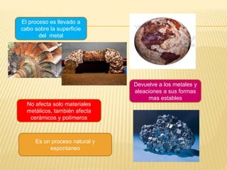El proceso es llevado a
cabo sobre la superficie
del metal
No afecta solo materiales
metálicos, también afecta
cerámicos y polímeros
Es un proceso natural y
espontaneo
Devuelve a los metales y
aleaciones a sus formas
mas estables
 