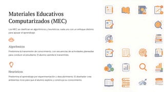 Materiales Educativos
Computarizados (MEC)
Los MEC se clasifican en algorítmicos y heurísticos, cada uno con un enfoque distinto
para apoyar el aprendizaje.
Algorítmicos
Predomina la transmisión de conocimiento, con secuencias de actividades planeadas
para conducir al estudiante. El alumno asimila lo transmitido.
Heurísticos
Predomina el aprendizaje por experimentación y descubrimiento. El diseñador crea
ambientes ricos para que el alumno explore y construya su conocimiento.
 