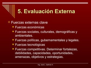 5. Evaluación Externa
 Fuerzas externas clave







Fuerzas económicas
Fuerzas sociales, culturales, demográficas y
ambientales.
Fuerzas políticas, gubernamentales y legales.
Fuerzas tecnológicas
Fuerzas competitivas. Determinar fortalezas,
debilidades, capacidades, oportunidades,
amenazas, objetivos y estrategias.
Ing. José L. Galindo H.

 