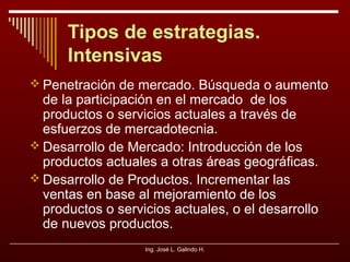 Tipos de estrategias.
Intensivas
 Penetración de mercado. Búsqueda o aumento

de la participación en el mercado de los
productos o servicios actuales a través de
esfuerzos de mercadotecnia.
 Desarrollo de Mercado: Introducción de los
productos actuales a otras áreas geográficas.
 Desarrollo de Productos. Incrementar las
ventas en base al mejoramiento de los
productos o servicios actuales, o el desarrollo
de nuevos productos.
Ing. José L. Galindo H.

 