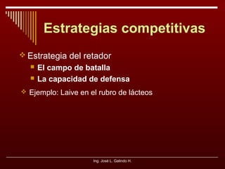 Estrategias competitivas
 Estrategia del retador



El campo de batalla
La capacidad de defensa

 Ejemplo: Laive en el rubro de lácteos

Ing. José L. Galindo H.

 