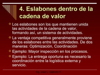 4. Eslabones dentro de la
cadena de valor
 Los eslabones son los que mantienen unida

las actividades de la cadena de valor,
formando así, un sistema de actividades.
 La ventaja competitiva generalmente proviene
de los eslabones entre las actividades. De dos
maneras: Optimización, Coordinación
 Ejemplo: Mayor inspección en los procesos.
 Ejemplo: La entrega oportuna es necesario la
coordinación entre la logística externa y
servicio.
Ing. José L. Galindo H.

 