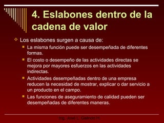 4. Eslabones dentro de la
cadena de valor
 Los eslabones surgen a causa de:








La misma función puede ser desempeñada de diferentes
formas.
El costo o desempeño de las actividades directas se
mejora por mayores esfuerzos en las actividades
indirectas.
Actividades desempeñadas dentro de una empresa
reducen la necesidad de mostrar, explicar o dar servicio a
un producto en el campo.
Las funciones de aseguramiento de calidad pueden ser
desempeñadas de diferentes maneras.
Ing. José L. Galindo H.

 