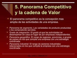 5. Panorama Competitivo
y la cadena de Valor
 El panorama competitivo es la concepción mas

amplia de las actividades de una empresa.
 Panorama de segmento. Las variedades de producto producidas

y los compradores servidos.
 Grado de integración. El grado al que las actividades se
desempeñan en casa en lugar de por empresas independientes.
 Panorama geográfico. El rango de regiones, provincias, o grupos
de países en los que compite una empresa con una estrategia
coordinada.
 Panorama industrial. El rango de sectores industriales
relacionados en los que compite la empresa con una estrategia
coordinada.
Ing. José L. Galindo H.

 