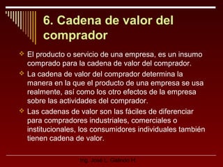 6. Cadena de valor del
comprador
 El producto o servicio de una empresa, es un insumo

comprado para la cadena de valor del comprador.
 La cadena de valor del comprador determina la
manera en la que el producto de una empresa se usa
realmente, así como los otro efectos de la empresa
sobre las actividades del comprador.
 Las cadenas de valor son las fáciles de diferenciar
para compradores industriales, comerciales o
institucionales, los consumidores individuales también
tienen cadena de valor.
Ing. José L. Galindo H.

 
