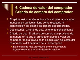 6. Cadena de valor del comprador.
Criterio de compra del comprador
 El aplicar estos fundamentos sobre el valor a un sector

industrial en particular tiene como resultado la
identificación del criterio de compra del comprador.
 Dos criterios: Criterio de uso, criterio de señalamiento
 Criterio de Uso. El criterio de compra que proviene de
la manera en la que el proveedor afecta el valor del
comprador real a través de la disminución del costo del
comprador o del aumento de su desempeño.


Esta orientado mas al producto de un proveedor, la
logística externa y las actividades de servicio.
Ing. José L. Galindo H.

 